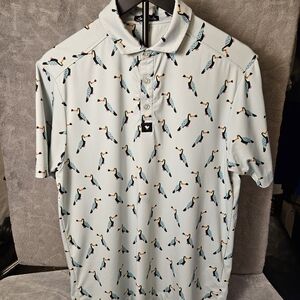 Bad Birdie Toucan Print Golf Polo – Men’s Small – Light Blue